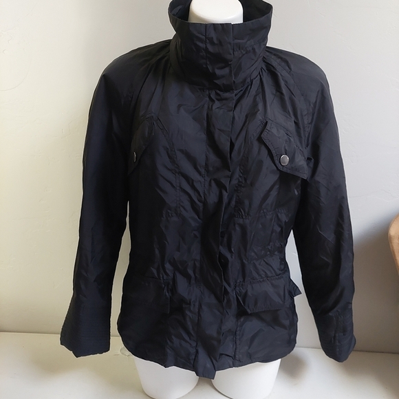 Chicos Black Jacket Size 1 Adjustable Waistline Full Zip High Neck Pockets - Picture 1 of 9
